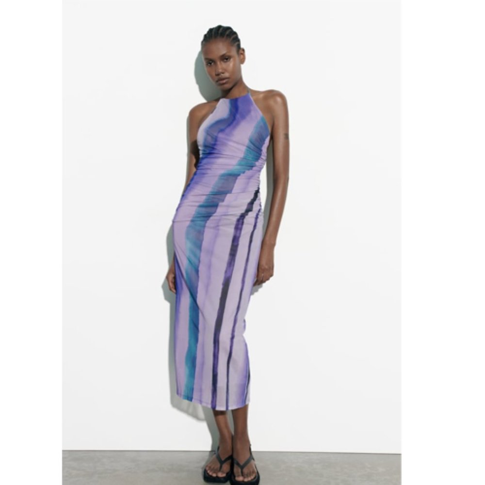 NEW Zara Purple Printed Tulle Midi Dress Halter Neck Size LARGE - SOLD OUT